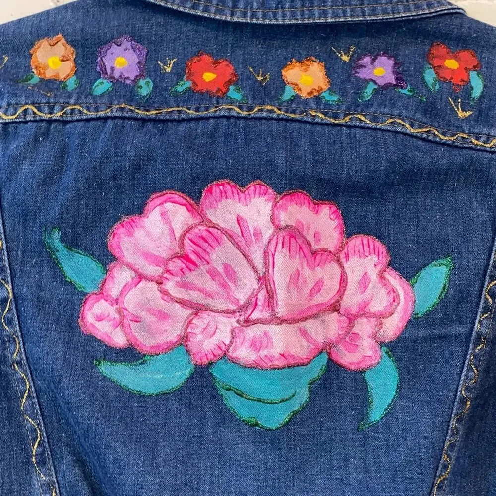 Levi’s Asterisk Vintage Denim Jacket Hand‎ Painted Floral Cropped Boho Medium
